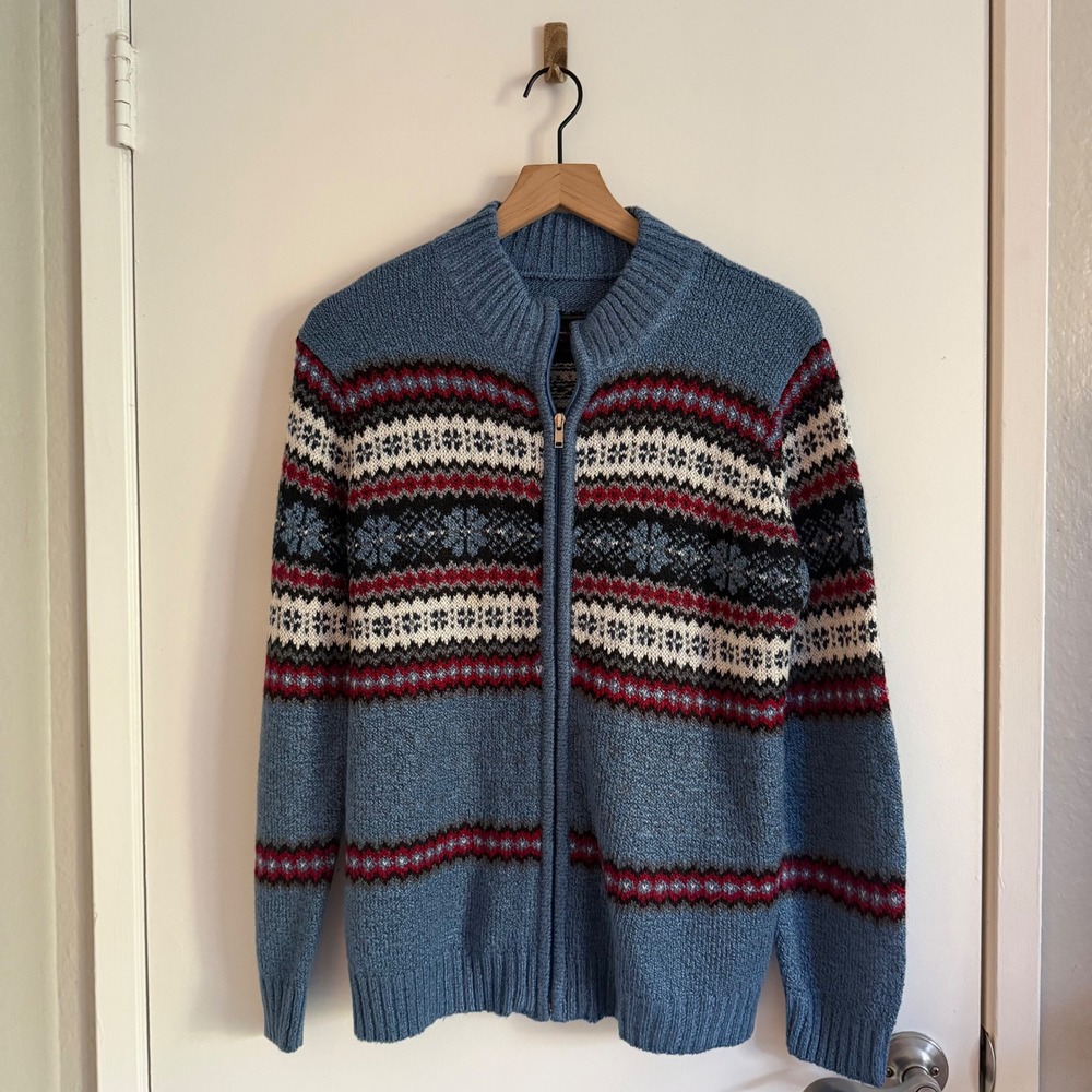 Full Zip Cardigan Sweater Blue Snowflake Knit Mock Neck Medium Granolagirl Fall